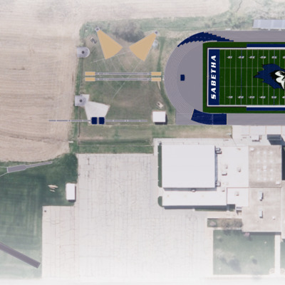 Arial view of the new complex. Including turf field, track, and field events