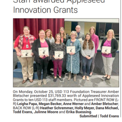 $31,769.33 worth of Appleseed Innovation Grants presented to USD 113 teachers